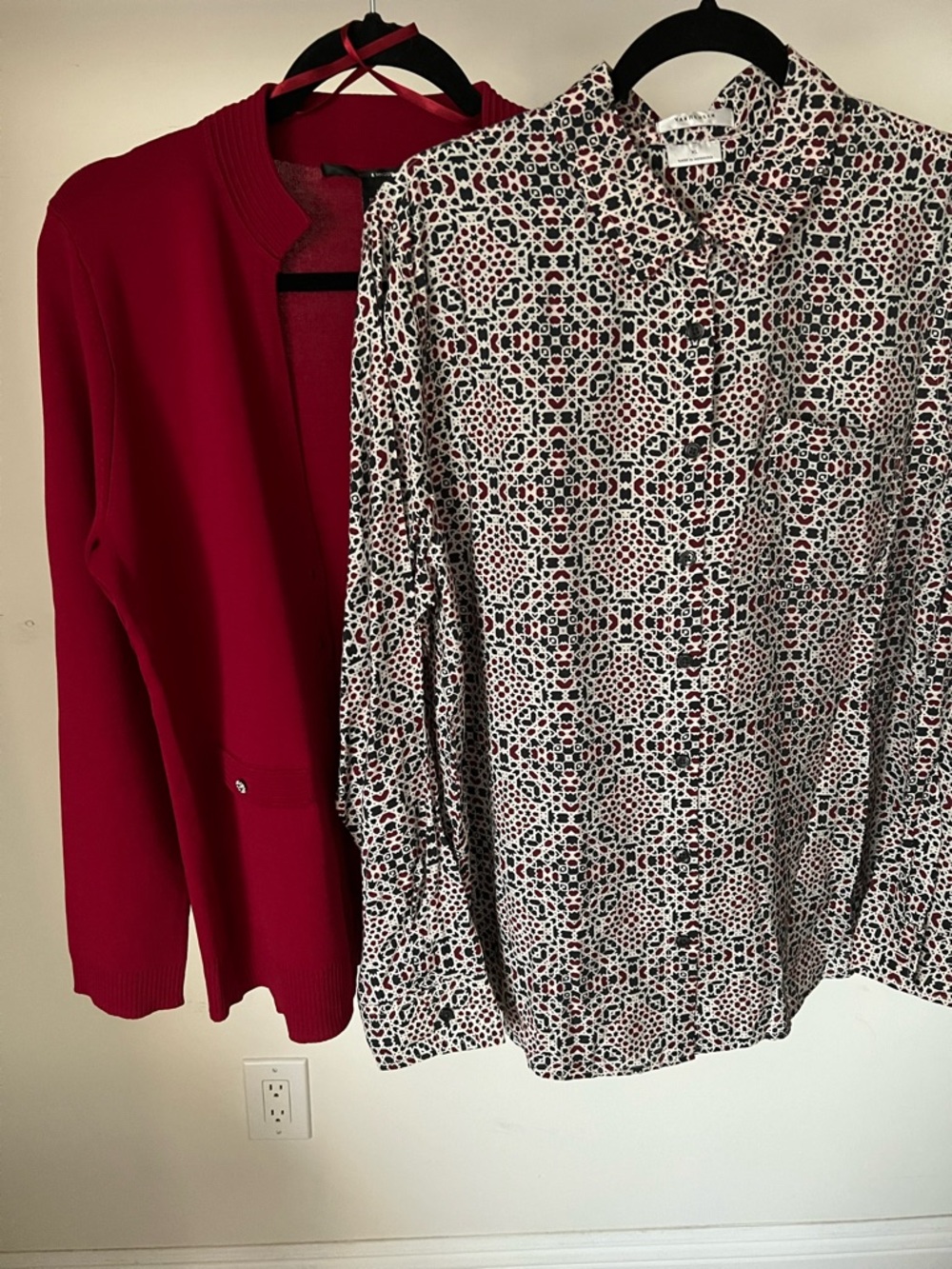 Women’s Red Cardigan & Printed Button-Down Shirt Set